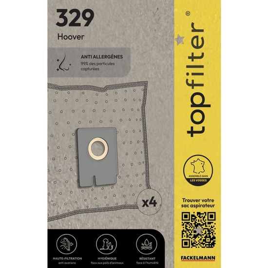 TopFilter Lot De 16 Sacs Aspirateur Hoover Freespace EVO (4x4) – Sacs Premium 64329 Non-Tissé 3 Couches, Fabriqués En France
