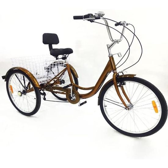 Tricycle adulte de vélo à 3 vitesses de 24 "6" avec un panier de magasinage, vélo de croiser avec panier Or
