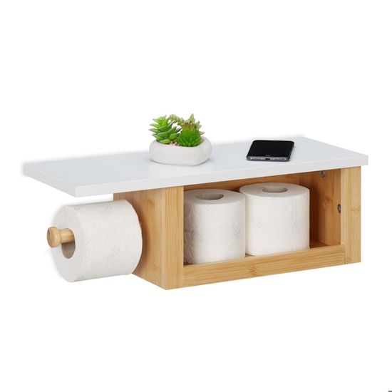 Porte-Papier Toilette Relaxdays En Bambou - Avec Plateau Pour Téléphone Et Lingettes, 12x16x10.3cm, Naturel