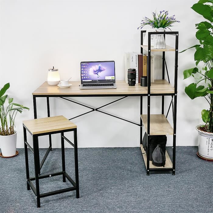 YIS Table de bureau Bureau d'ordinateur en Bois et Métal, Bibliothèque - Design Industriel - Chêne clair 120 x 64 x 121 cm