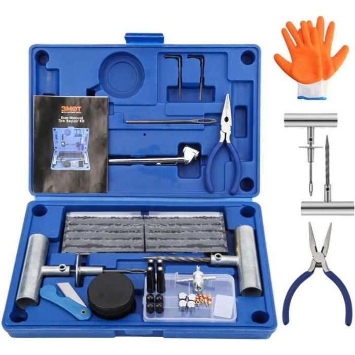 Kit Réparation Pneu 73Pcs, Kit de Réparation Pneu Bleu, pour Voitures, Moto,Tracteur, Jeep,VTT, Camion, Gants