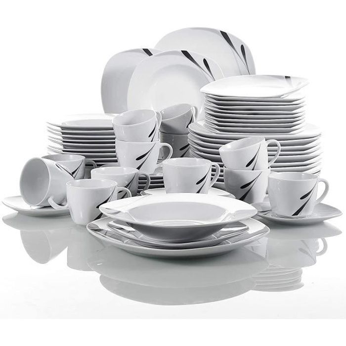 VEWEET, série 'Karla', Service à dîner en porcelaine 60 pièces, service combiné blanc, service à café pour 12 personnes