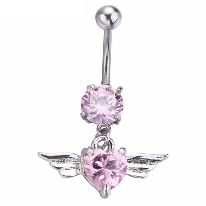 Piercing Nombril - Ailes D'Ange - Coeur - Acier Chirurgical - Rose