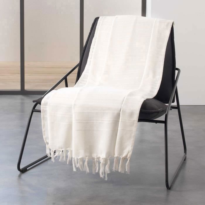 Jete de canape a franges 180 x 220 cm coton tisse lilia Creme