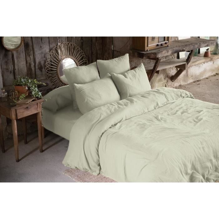 CDaffaires Pack double gaze de coton housse de couette 240 x 220 cm + 2 taies d'oreiller 50 x 70 vert Vert