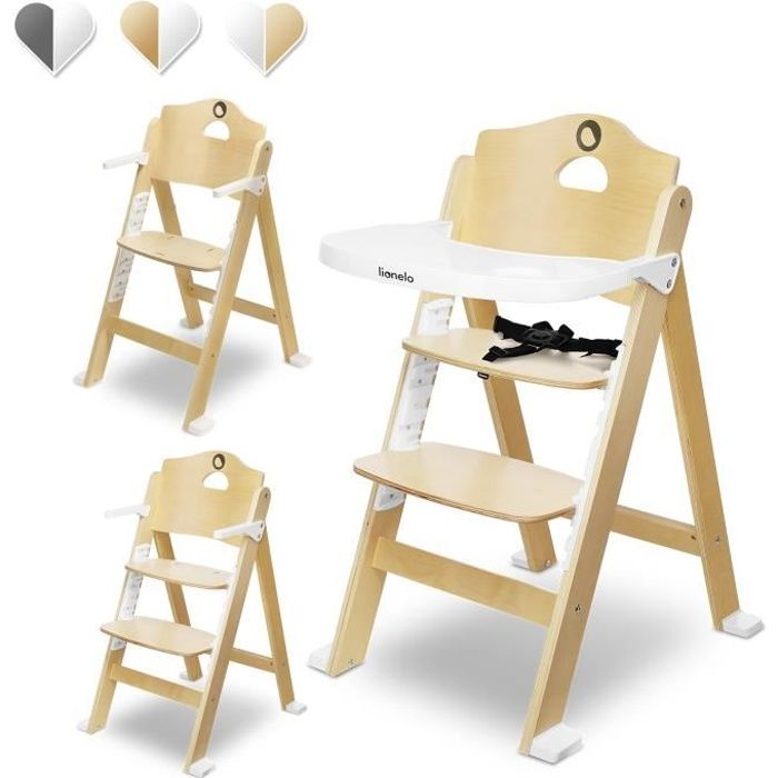 Lionelo Floris Chaise haute en bois pour bébé jusqu'à 40 kg, Blanc Naturel