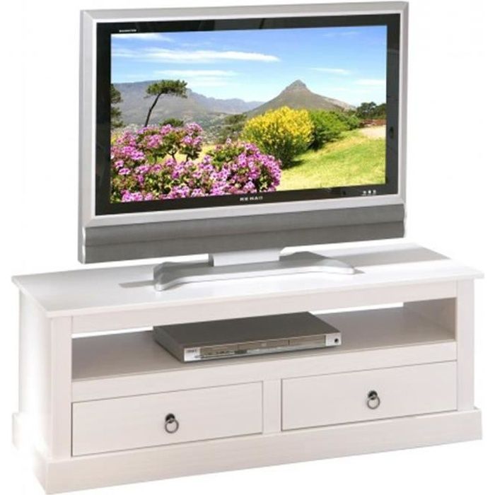 Meuble TV design blanc en bois massif - Dim : L 118 x H 45 x P 39 cm