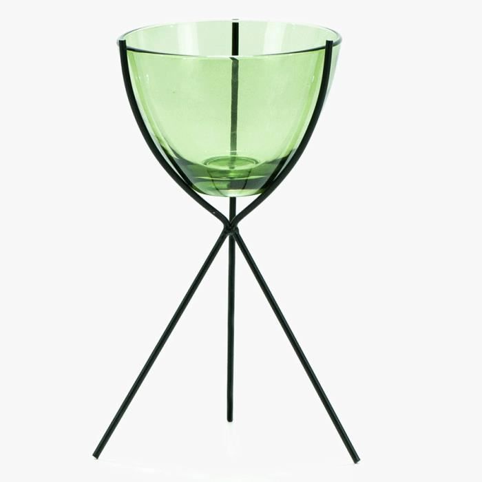 Photophore vert en verre sur pieds en métal noir - H22,5 cm
