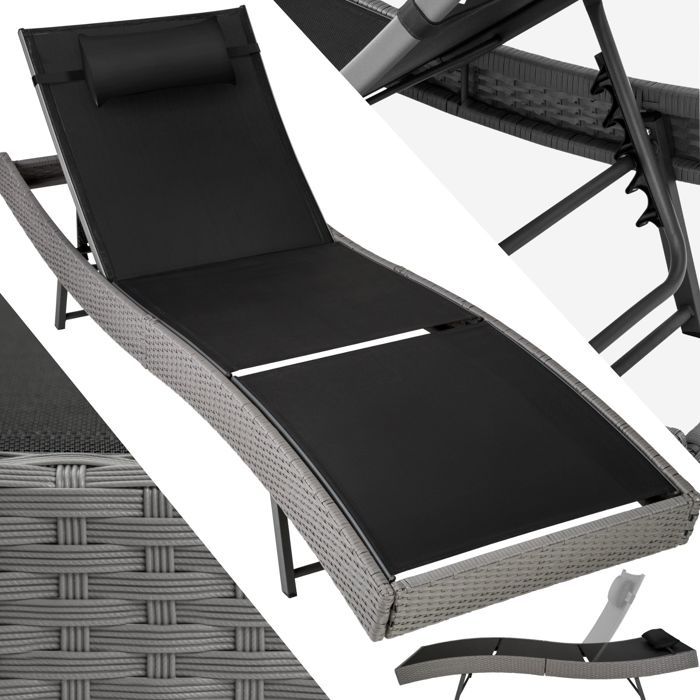 TECTAKE Transat de Jardin en Résine Tressée 211 cm x 69 cm x 94 cm Gris + Coussin