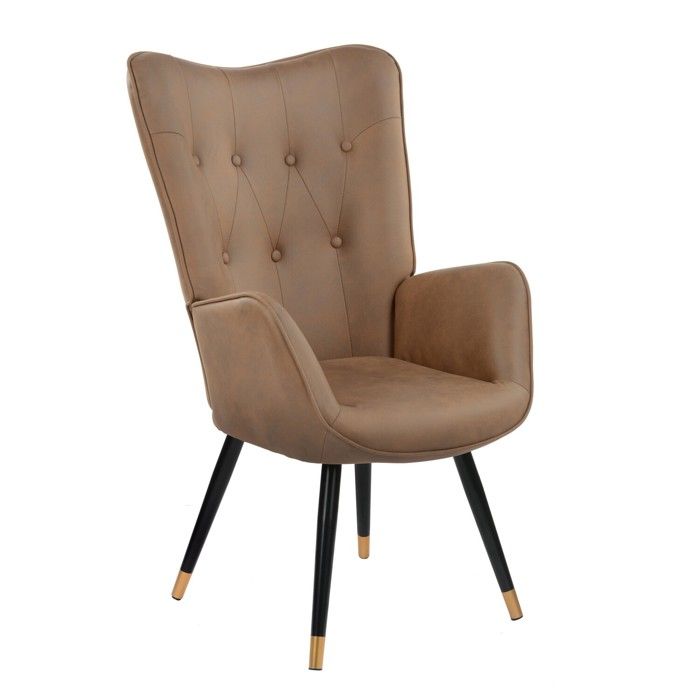 fauteuil scandinave capitonné en tissu vintage rétro pieds points dorés kas fabric brown black gold leg
