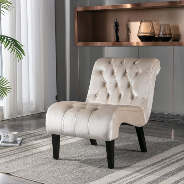 Fauteuil De Coiffeuse Ou Salle à Manger - Dossier En Forme De Pétale Rembourré Velours - Pieds Dorés - Couleur Blanc - Assemblage Facile