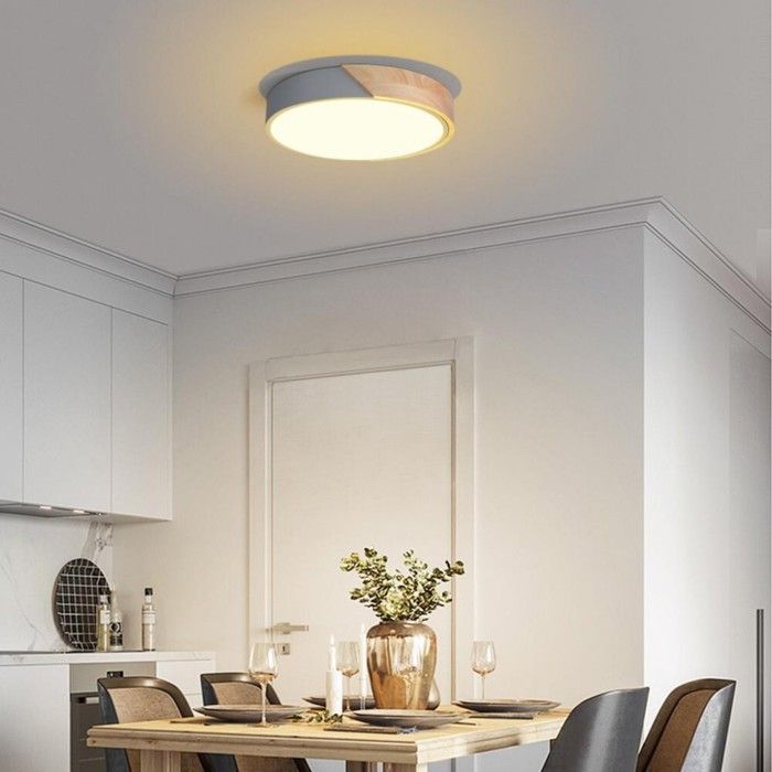 WOTTES Plafonnier en Bois Rond - LED Plafond Luminaire Moderne Pour Salon Chambre Couloir Cuisine - 30*30CM - Gris - Blanc Chaud