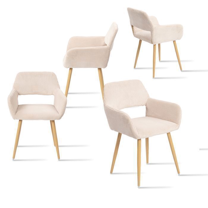 MEUBLES COSY Lot de 4 fauteuils de salle à manger scandinaves avec accoudoirs en velours côtelé beige - CROMWELL