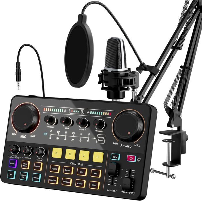 Kit Podcast Complet Pour 2 - Microphone Condensateur & Interface Audio F11 - Réduction De Bruit, Bluetooth, 6 Modes - Streaming, Enregistrement, Gaming