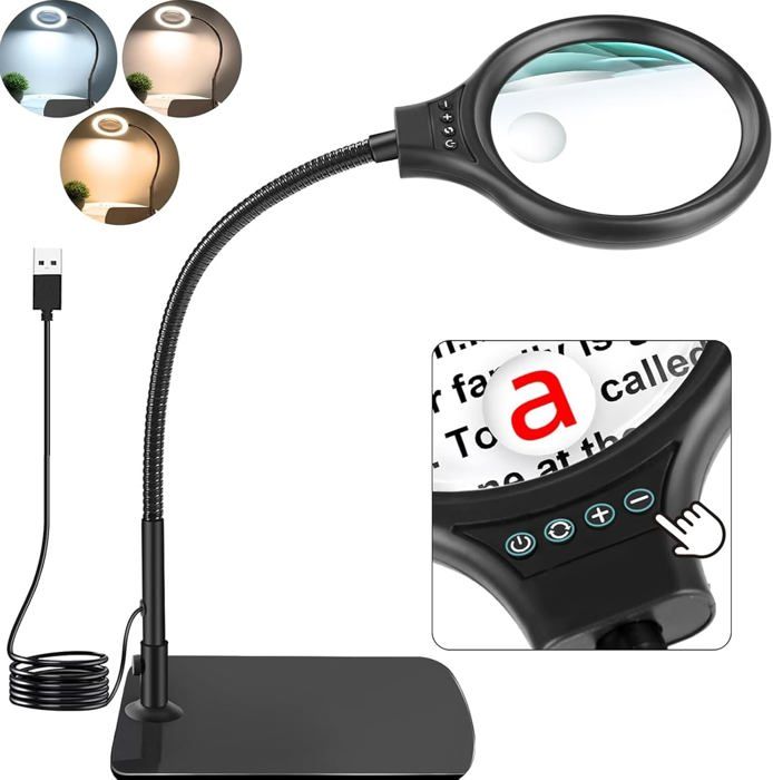 Lampe Loupe Sur Pied 10X/20X - 2 En 1, Lentille Verre 11 Cm, 3 Couleurs Et 10 Niveaux De Luminosité, USB