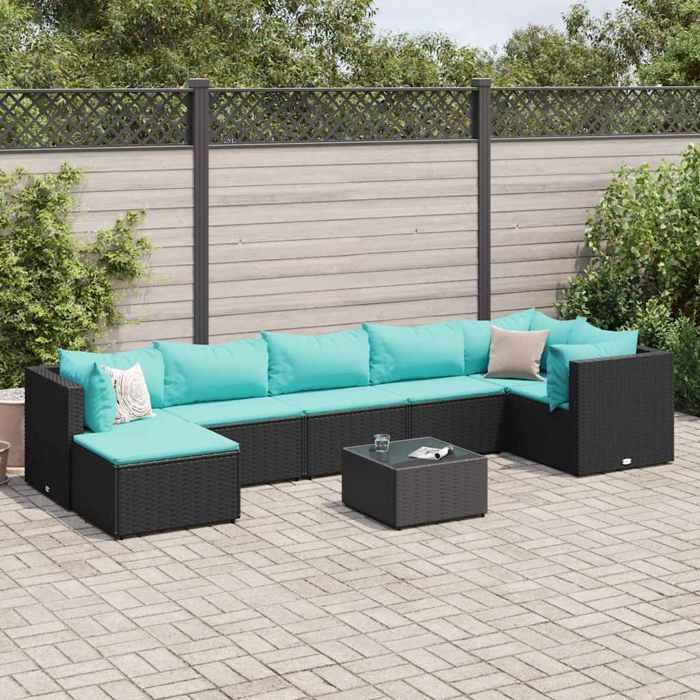 vidaXL Salon de jardin 8 pcs avec coussins noir résine tressée ensemble de canapés dextérieur canapé dangle de jardin 3308236