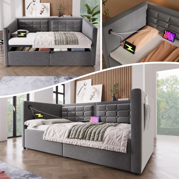 Lit Rembourré 90x190 cm Lit Simple avec Espace de Rangement Hydraulique et Station de Recharge USB et Type-C Gris