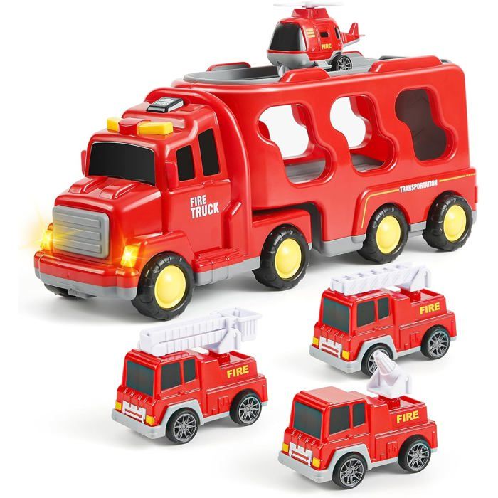 Jouet camion de transport Camion de pompiers jouet à inertie 5 en 1 Avec lumières et sons Adapté aux enfants de plus de 3 ans