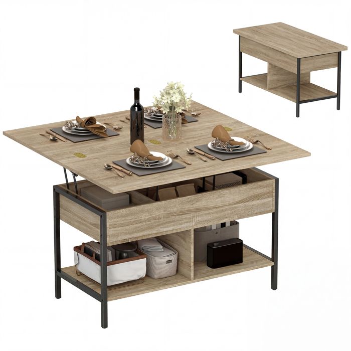 Table basse relevable - HOMCOM - plateau pliant compartiment et étagères - panneau de particule - 98x49x55cm - bois naturel Table basse relevable - HOMCOM - plateau pliant compartiment et étagères - panneau de particule - 98x49x55cm - bois naturel