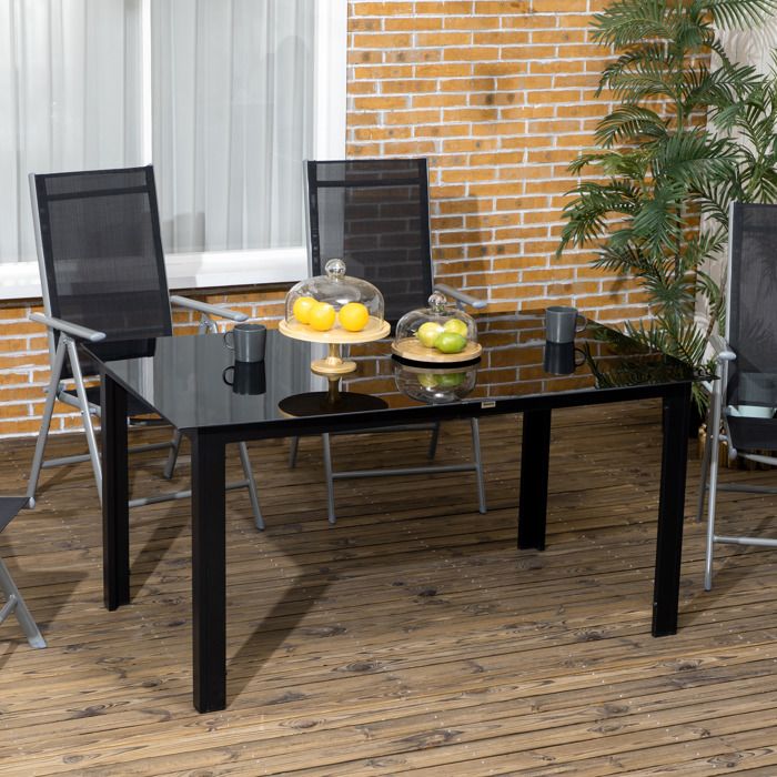 Table de jardin rectangulaire en aluminium et plateau en verre trempé - 6 personnes 150 x 90 x 74 cm noir