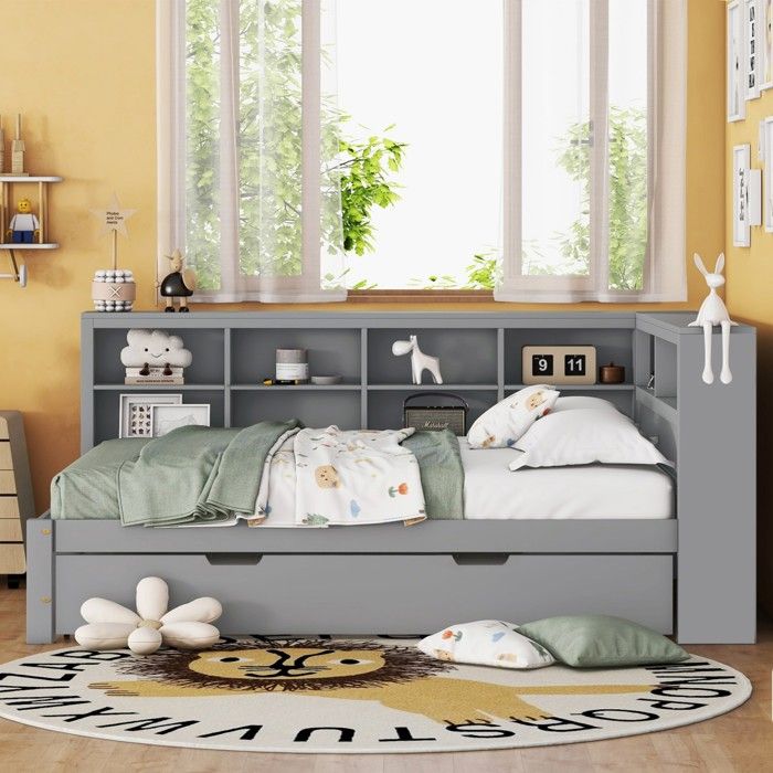 Lit 2 Places Convertible 140x200 - Inclut Lit Gigogne 90 USB - Bois Massif Gris - Gain de Place - Sans Matelas Lit 2 Places Convertible 140x200 - Inclut Lit Gigogne 90 USB - Bois Massif Gris - Gain de Place - Sans Matelas