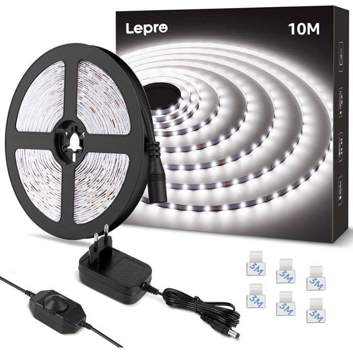 Ruban LED blanc froid dimmable 10M 12V 6000K 420 LEDs autocollant variateur intégré idéal miroir meuble escalier chambre et cuisin