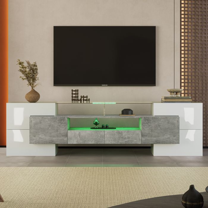 Meuble TV avec 2 Tiroirs 6 Portes 3 Etagères Meuble de salon avec LED 200x35x60cm Brillant Verre et MDF Gris+Blanc
