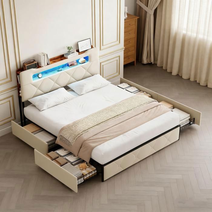 Lit capitonné 160x200 cm - KILISKY - Beige - LED intégrée - 4 tiroirs - Sommier inclus