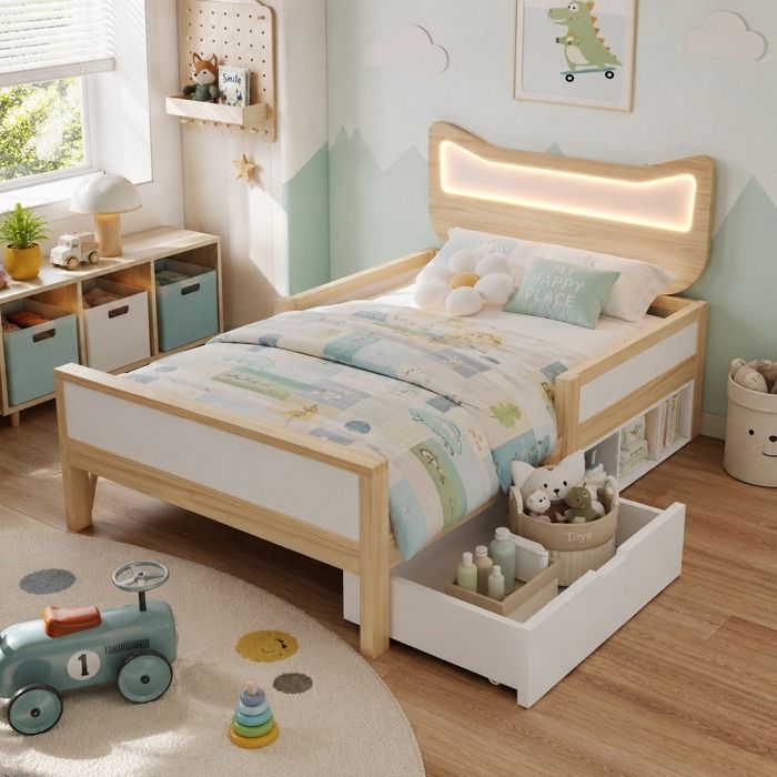 Lit Enfant 90x200 cm avec Tiroir et Rangement Barrières Sécurité Tête De Lit LED Sommier Inclus Bois