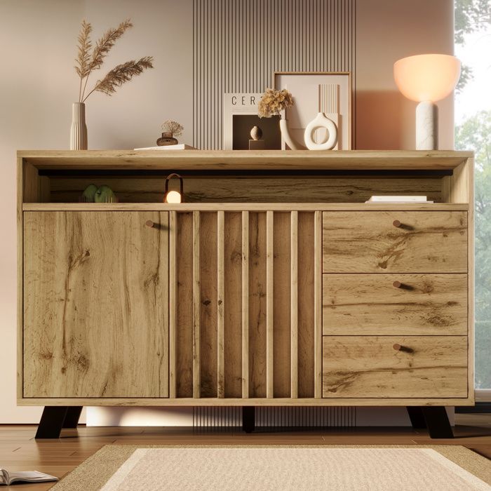 Buffet - 3 Tiroirs et 2 Portes - Meuble de Rangement - Étagère Réglable - Salon Salle à Manger en Chêne Foncé 120x40x85 cm Buffet - 3 Tiroirs et 2 Portes - Meuble de Rangement - Étagère Réglable - Salon Salle à Manger en Chêne Foncé 120x40x85 cm