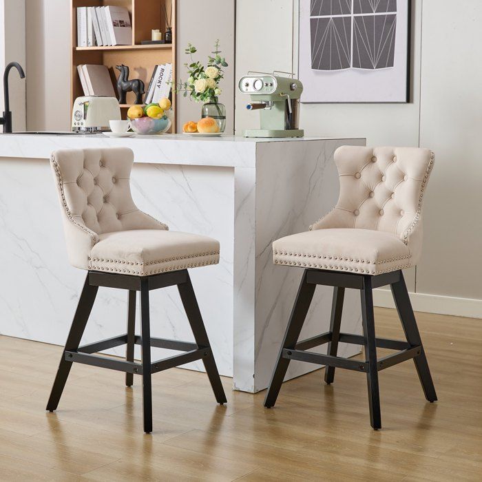 Lot de 2 Chaise de Salle à Manger Scandinave en VeloursChaise de Bar Pivotant Garniture Cloutée ChroméePieds en BoisBeige