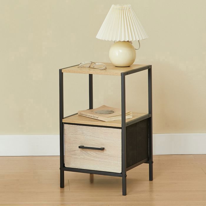 CASABEL Table de chevet avec tiroir en tissu rigide métal noir et bois 30×30×50cm table d’appoint pour chambre ou canapé