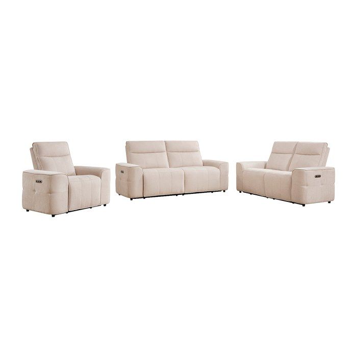 Canapé 3 places 2 places et un fauteuil relax électrique en tissu chenille beige SCAMOCO