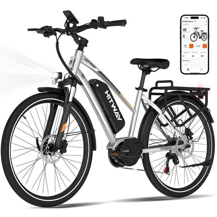 HITWAY  V&eacute;lo &eacute;lectrique BKU1 27,5"" , Batterie 36V 13Ah, Moteur Central, 7 Vitesses, 25 KM/H, Autonomie 180 KM max, Argent