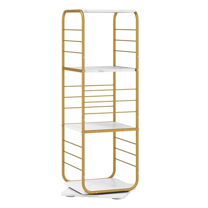 Étagère Pivotante à 360° à 4 Niveaux COSTWAY Cadre en Métal Bibliothèque dAngle Rotatif sur Pieds 40 x 40 x 115 cm Or et Blanc