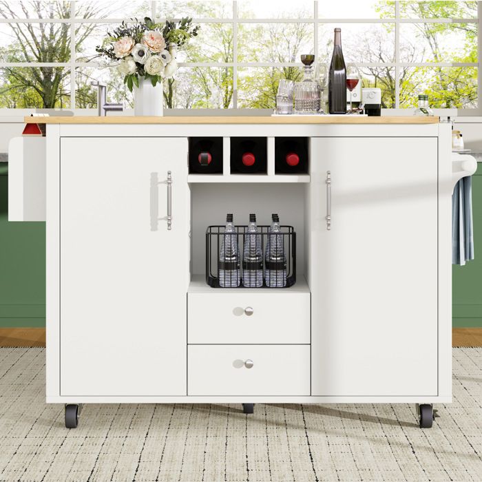 Desserte de cuisine à roulettes 2 portes 2 tiroirs avec table pliante. meuble de rangement de salon. MDF. blanc