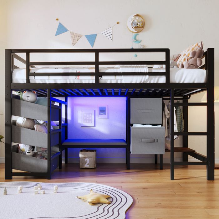 Lit mezzanine 90x200cm lit mi-haut en métal avec coussin Lit enfant tiroir en tissu lit simple lampe LED tringle à vêtements blanc