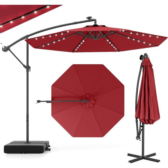 GIANTEX Parasol de Jardin Extérieur avec Pied - 3x3M - 40 Lampes Solaires - Inclinable - Manivelle - 8 Baleines - UPF50+ Bordeaux