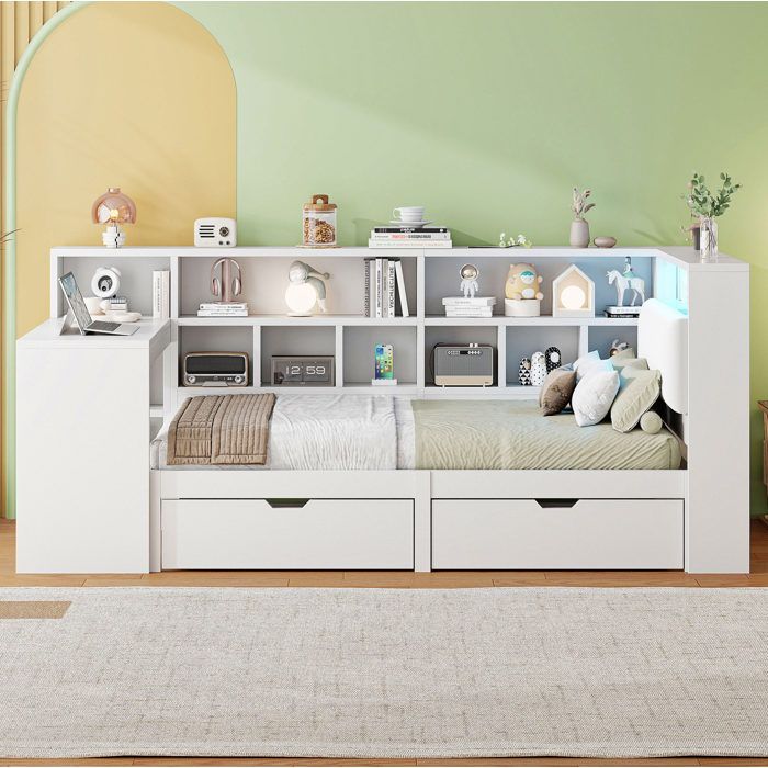 Lit combiné en L 90 x 200 cm EVRYAE avec bureau bibliothèque tiroirs LED et USB blanc