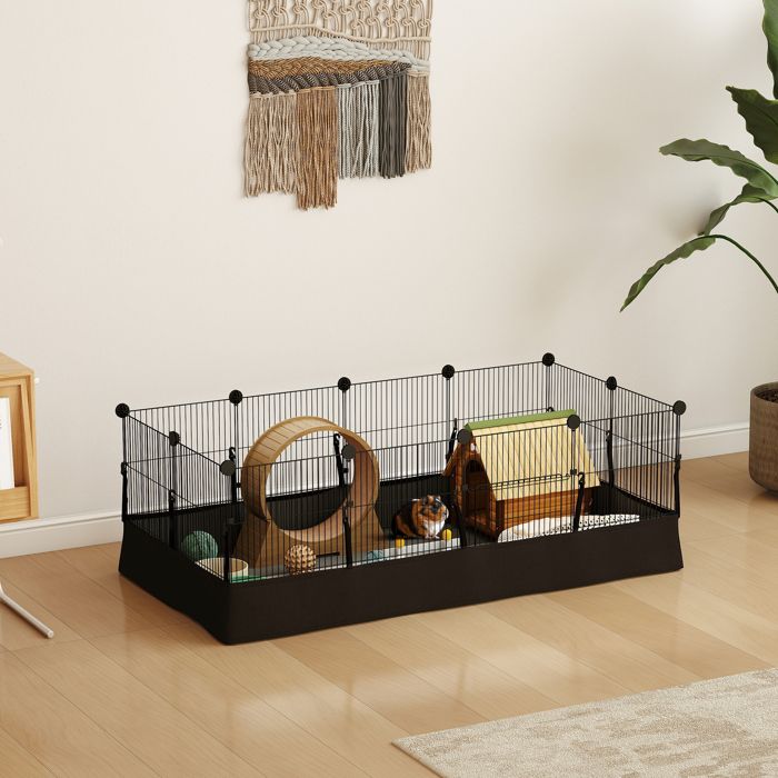 Enclos pour petits animaux cage à lapin modulable 12 panneaux avec tapis étanche en acier 120 x 60 x 40 cm noir