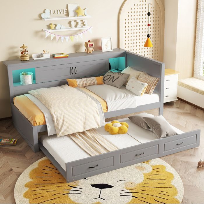 Lit banquette gris avec éclairage LED lit gigogne rangements et USB
