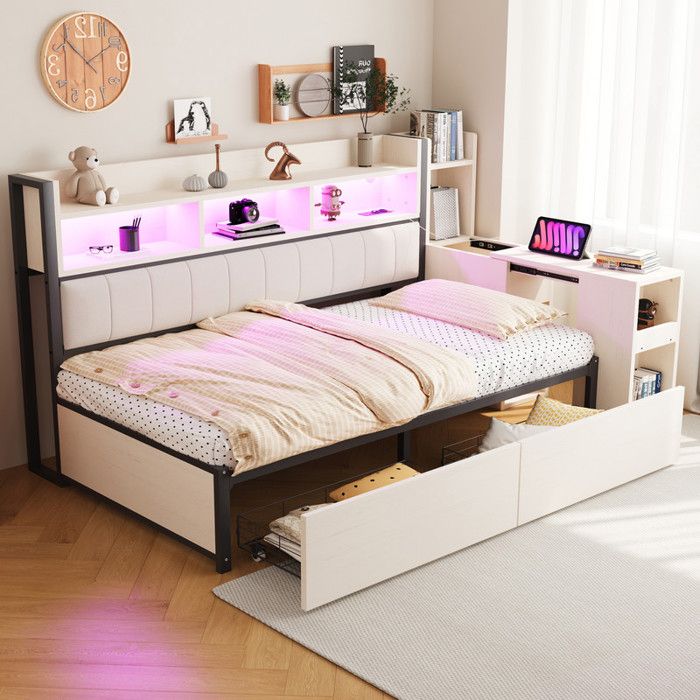 Canapé-Lit 90x200 cm avec Prise et éClairage LED Lit Simple avec Grand Tiroir et Bureau Coulissant Lit 1 Personne Blanc