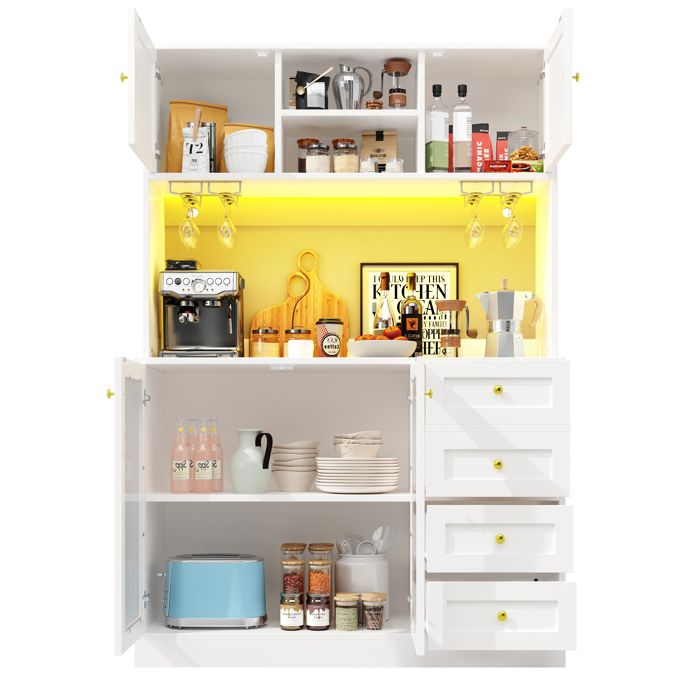 Buffet de CuisineBuffet haut cuisine avec 4 portes & 4 Tiroirs & Porte-gobeletsBande LED Contrôle APP120×40×188cmBlanc
