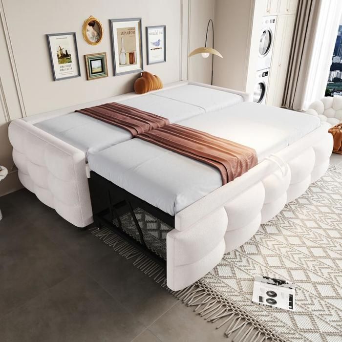 Canapé-lit convertible 90/180 × 190 cm avec sommier à lattes Cadre de lit 1 Personne avec lit gigogne Tissu velours Teddy Beige