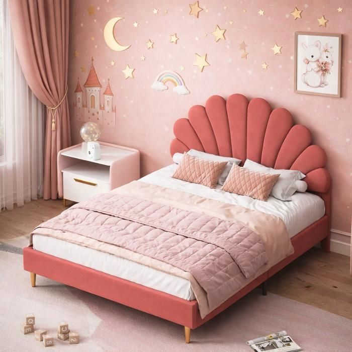 Lit double 140x200 cm lit enfant fille avec tête de lit forme de pétale lit capitonné pour ado sommier à lattes velours rose