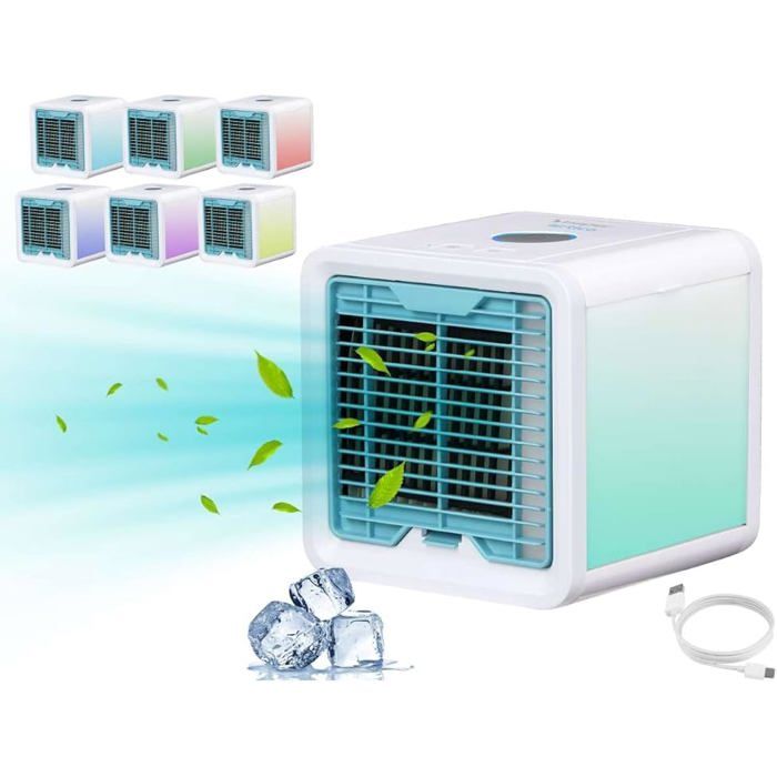 Refroidisseur dAir Portable Mini Climatiseur Mobile Humidificateur Purificateur avec LED 7 Couleurs pour Bureau Maison