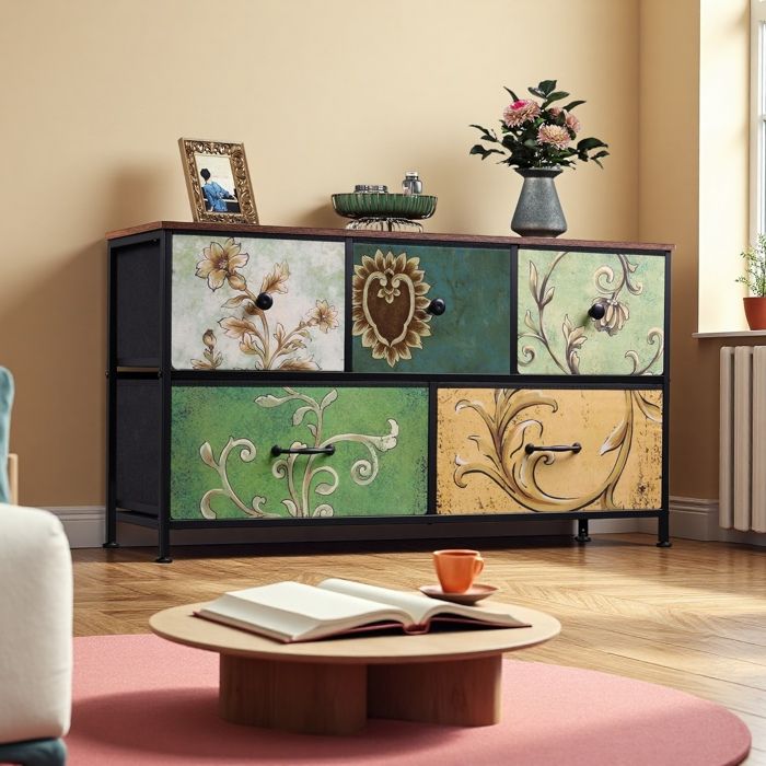 Commode à 5 tiroirs - Anajqaqia - Buffet de salon - Commode artistique bicolore - 100 x30x55 2 cm - Meuble de rangement en fer forgé