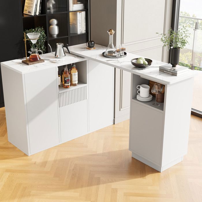 SENVIRO table de bar rotatif ilot de rangement plateau marbre 210x30x100cm blanc