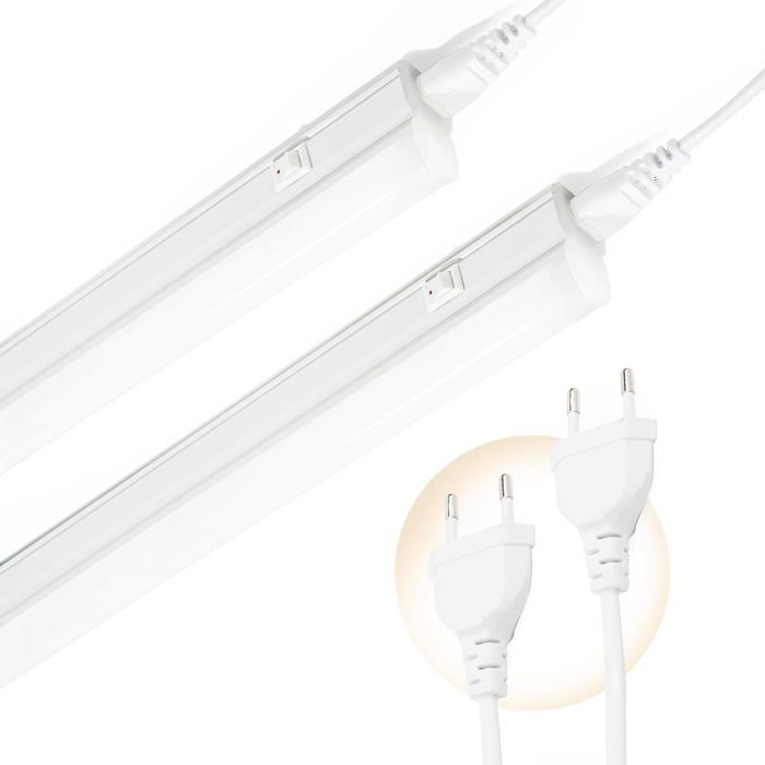 Réglette LED T5 30cm 4W 570lm 4000K - Lot de 2 avec prise européenne - Éclairage pour Cuisine Salon Chambre Couloir Armoires Bureau