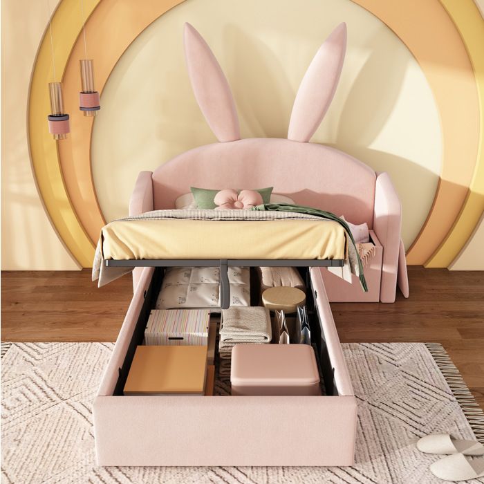 Lit enfant coffre 90 x 190 cm rose en velours avec oreilles de lapin sommier à lattes et table de chevet